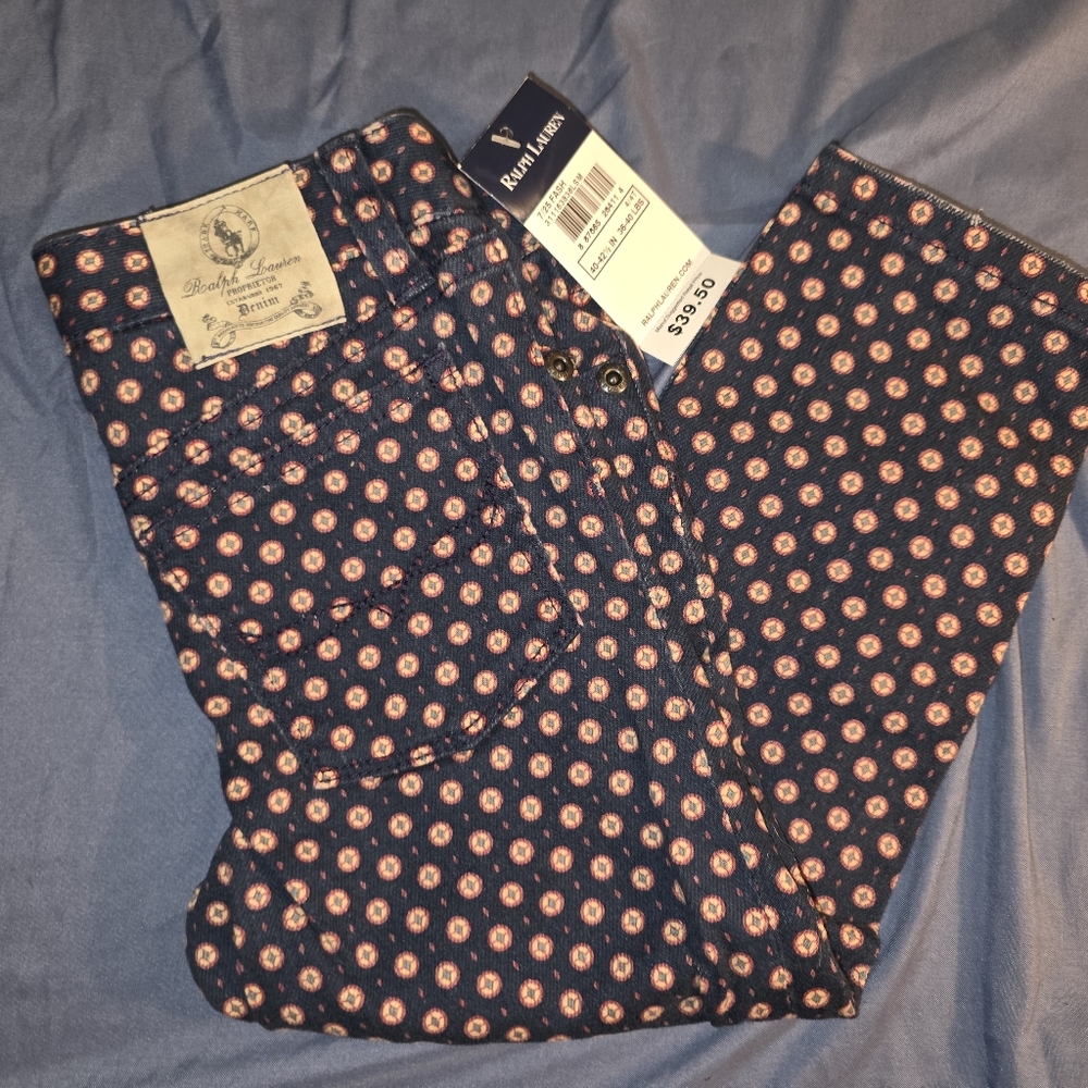 Ralph Lauren Kids Navy Medallion Print RL Cropped Skinny Jeans 4/4T NWT